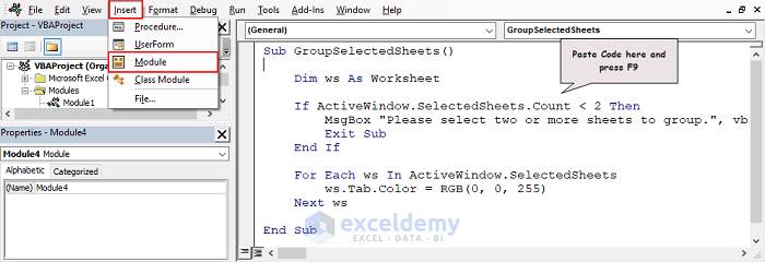 Run VBA code to Group Selected Sheets