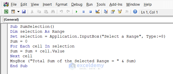 VBA Code to Sum Up Selected Range in a Column