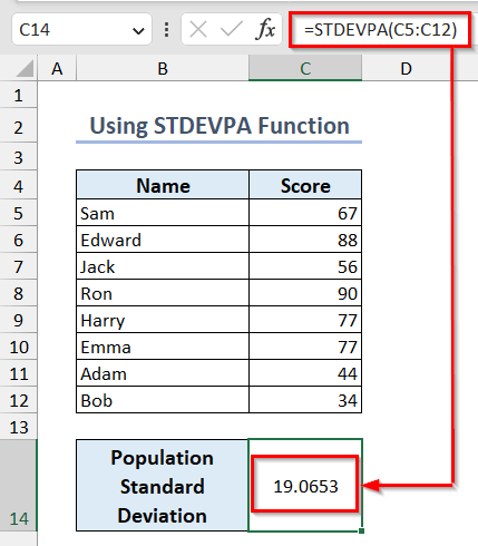 using STDEVPA function to calculate standard deviation