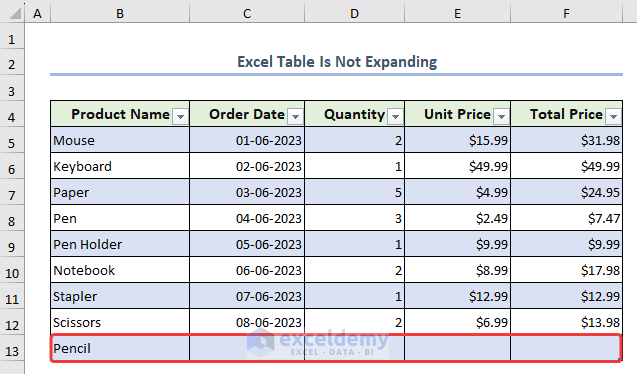 Final result with solving Excel table expansion problem