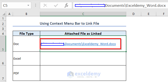 Attach a file as linked in Excel