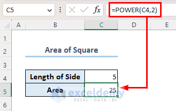 Calculating area of square using Power function