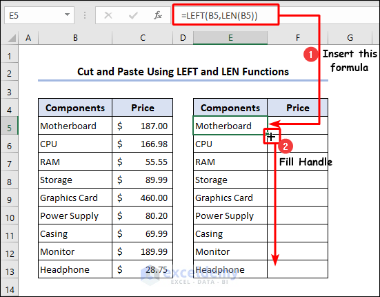 Combination of LEFT and LEN functions to cut and paste data
