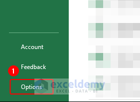Options menu in File tab