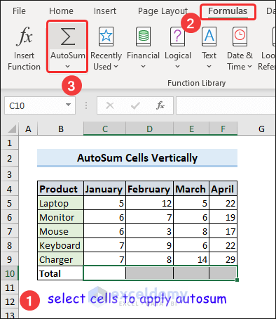 Select cells to apply autosum vertically
