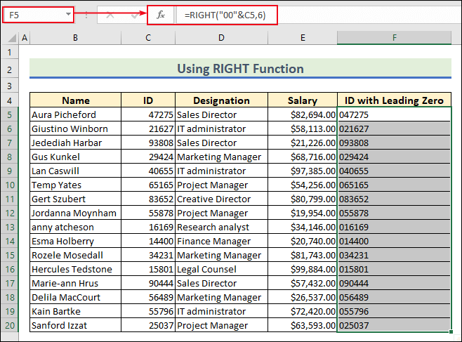 Using RIGHT function to pad leading zero in Excel