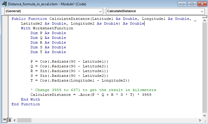 VBA code to measure distance between two locations