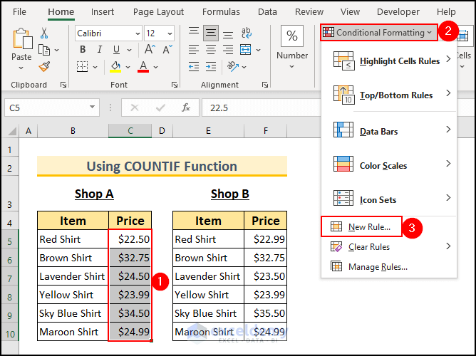 9- selecting a new rule to implement the COUNTIF function to compare two tables