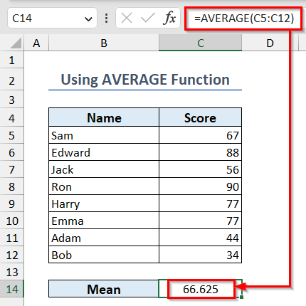 Calculating mean using AVERAGE function