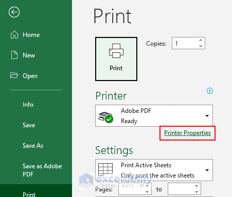 Printer properties menu