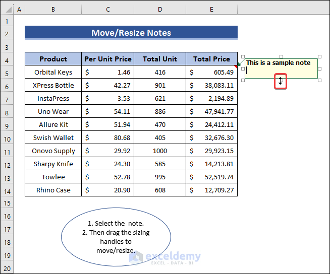 Resize and Move Notes in Excel