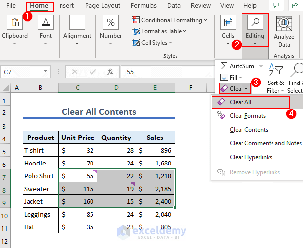 Select cells and go to Editing and then Clear All to clear all contents