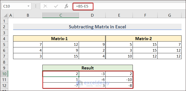 Subtracting Matrix in Excel