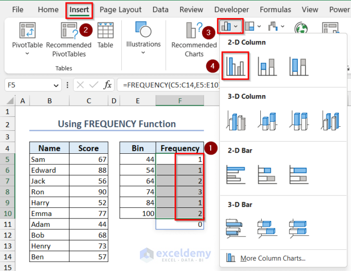 inserting column chart to create a histogram