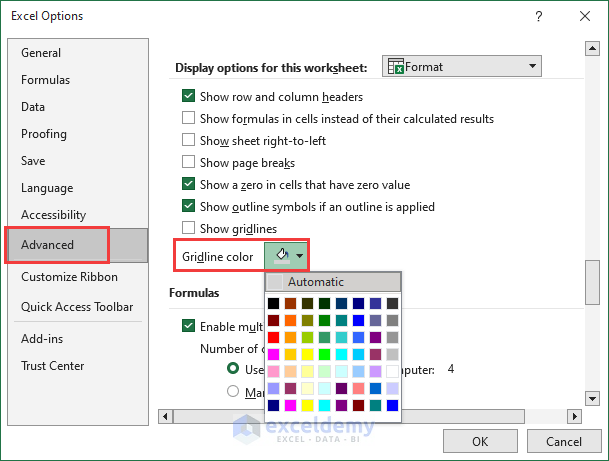 Changing border line color with Advanced Display options