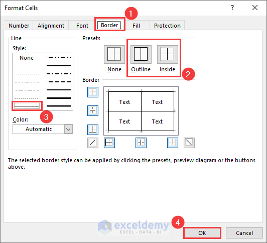 Inserting borders from the format cells dialog box