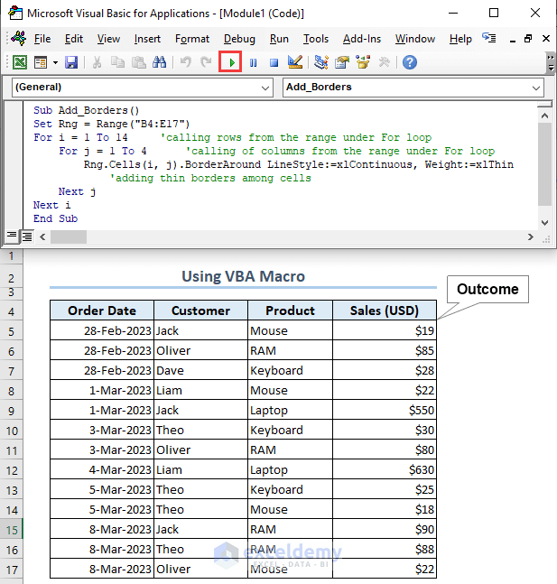 Utilizing the Excel VBA macro tool to add borders among cells