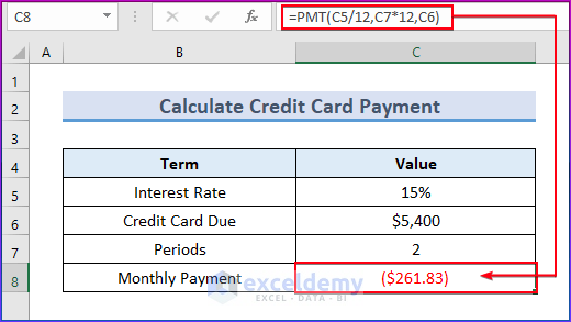 Apply PMT Function to Calculate Credit Card Payment Loan in Excel 