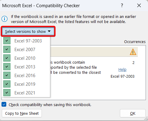 Viewing compatible Excel versions