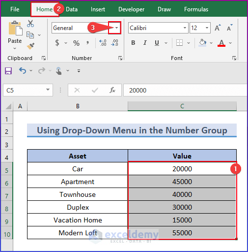 Find and select the Dropdown menu button in the Number group