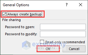 creating a backup with the general options dialog