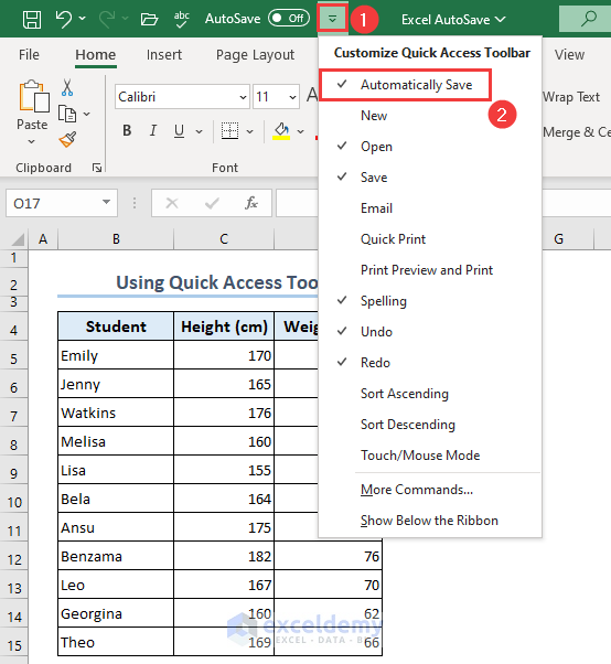 Turning on the Excel autosave feature