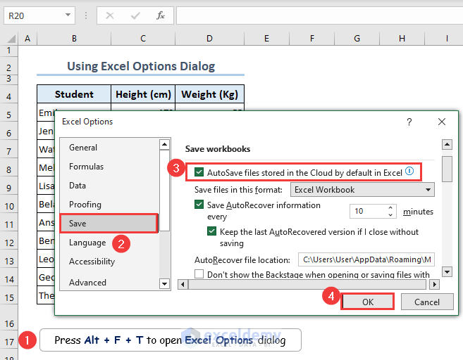 using the Excel options dialog to autosave