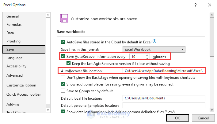 using the Excel options dialog to auto-recover the excel file.