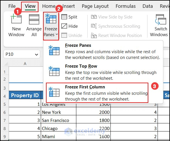 Clicking on Freeze Panes option to select Freeze First Column Option