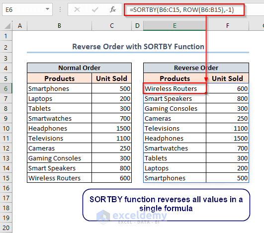 excel reverse order by SORTBY