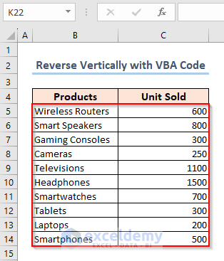 excel reverse order with vba code