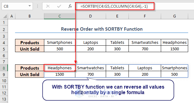 excel reverse order horizontally with SORTBY 