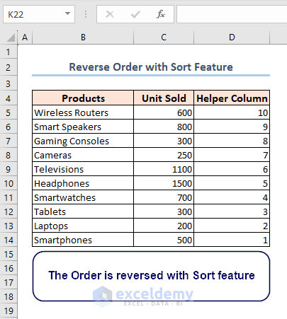 excel reverse order with sort feature