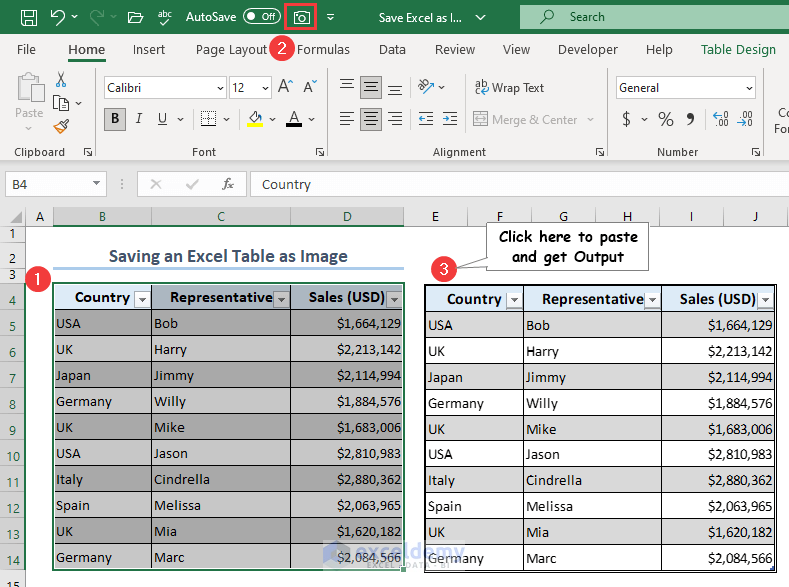 Using the Camera tool to save excel table as image.