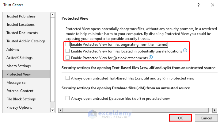 Disabling protected view