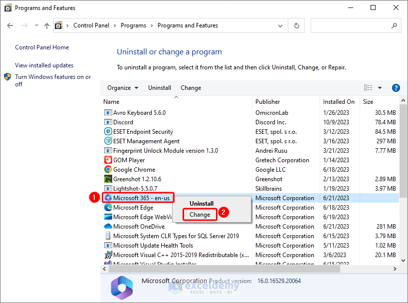 clicking change option from the Programs and Features dialog
