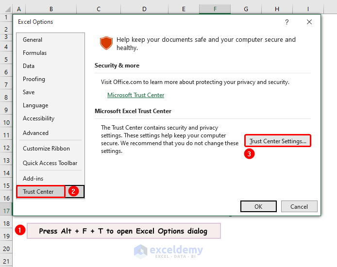 Opening Excel Options dialog and getting Trust center settings command