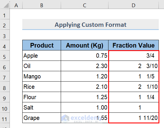 Output after Applying Custom Fraction Format