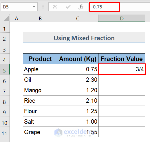 Using Mixed Fraction Technique in Excel
