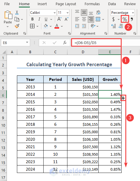 Using an arithmetic formula to get the year-to-year growth rate in Excel.