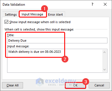 Input message from data validation