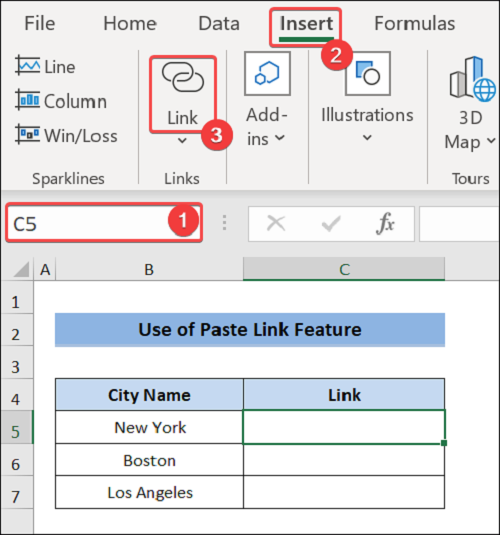 Insert link to cell C5