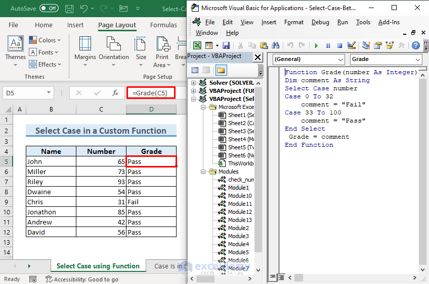 Overview of Excel VBA select case between two values