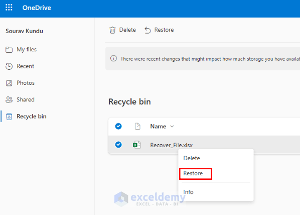 Restoring Excel file from OneDrive Recycle bin