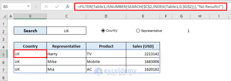 Using the combination of FILTER, ISNUMBER, SEARCH, and INDEX functions.