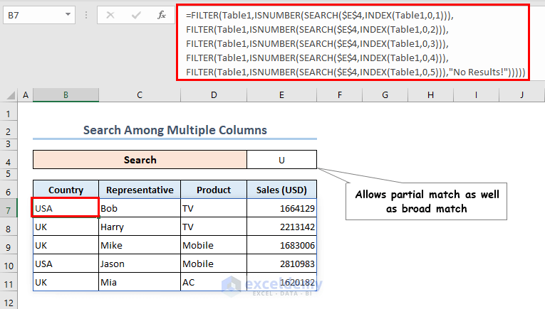 Using the combination of FILTER, ISNUMBER, SEARCH, and INDEX functions.