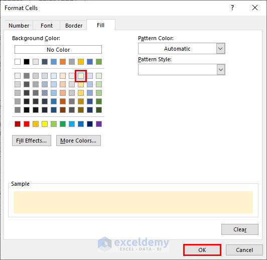 selecting background color from the Format Cells dialog