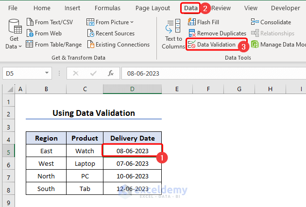 Selecting Data Validation tool