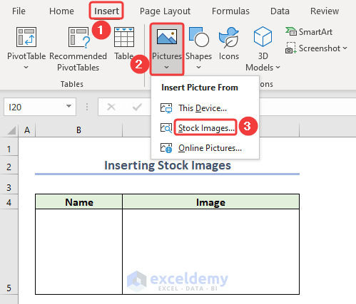Selecting Option to Insert Picture from Stock Images
