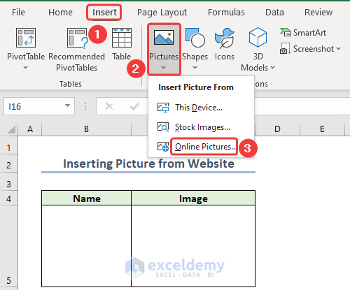 Selecting Option to Insert Picture from Website (Bing)